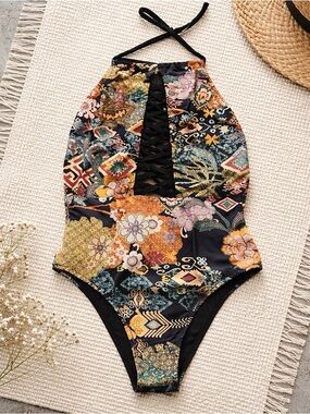 Belles Brazil One-Piece Swimsuit Multicolor Print Lace-Up Halter Cutout
